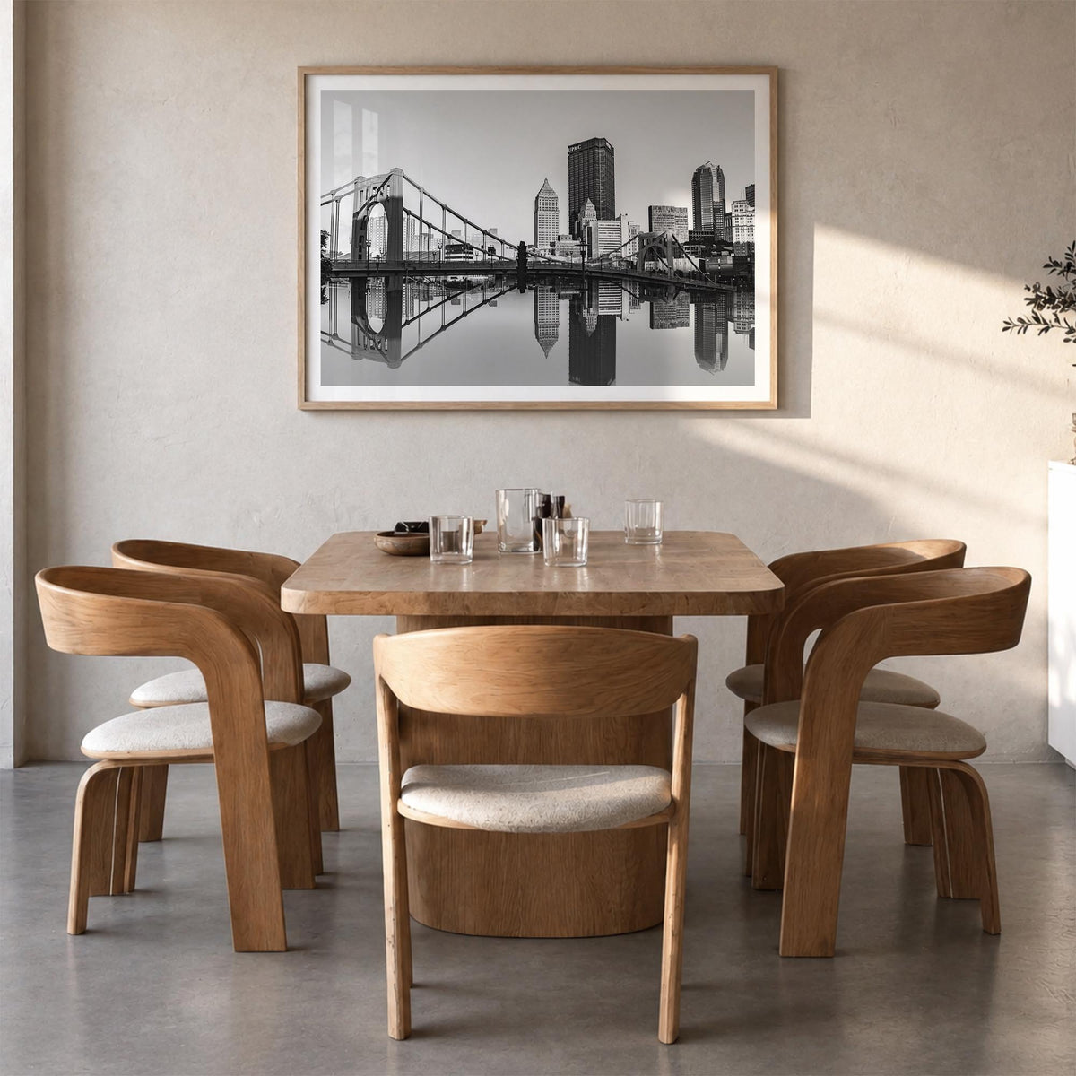 Pittsburgh black & white photo poster of Pennsylvania, USA – horizontal wall art in natural wood frame with white border, han