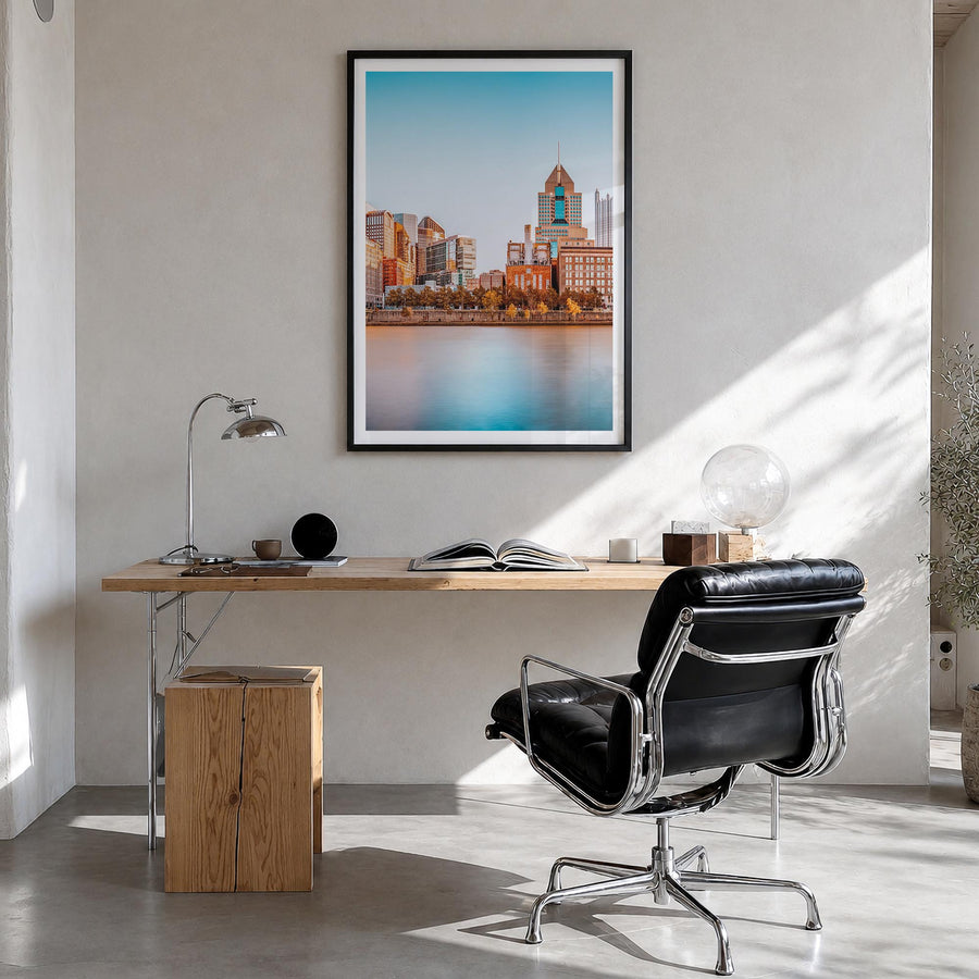 Pittsburgh colorful photo poster of Pennsylvania, USA – vertical wall art in black wood frame with white border, hanging on w