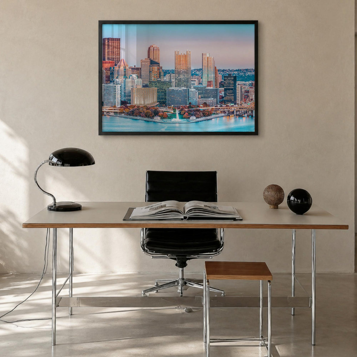 Pittsburgh colorful photo poster of Pennsylvania, USA – horizontal wall art in black wood frame, hanging on wall