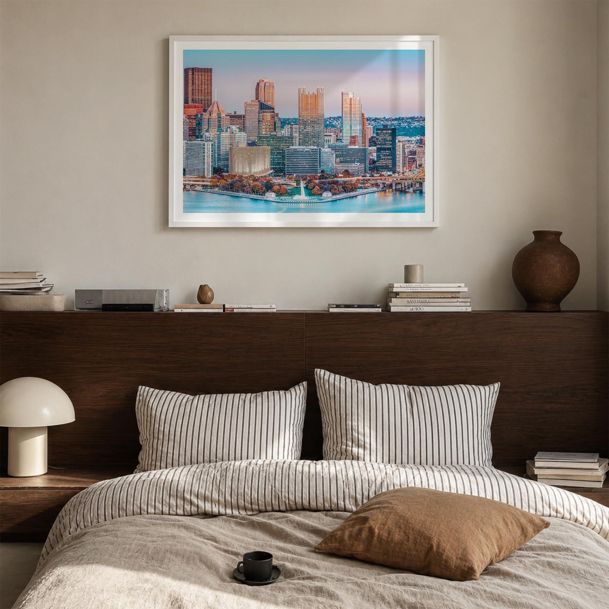 Pittsburgh colorful photo poster of Pennsylvania, USA – horizontal wall art in white wood frame with white border, hanging on