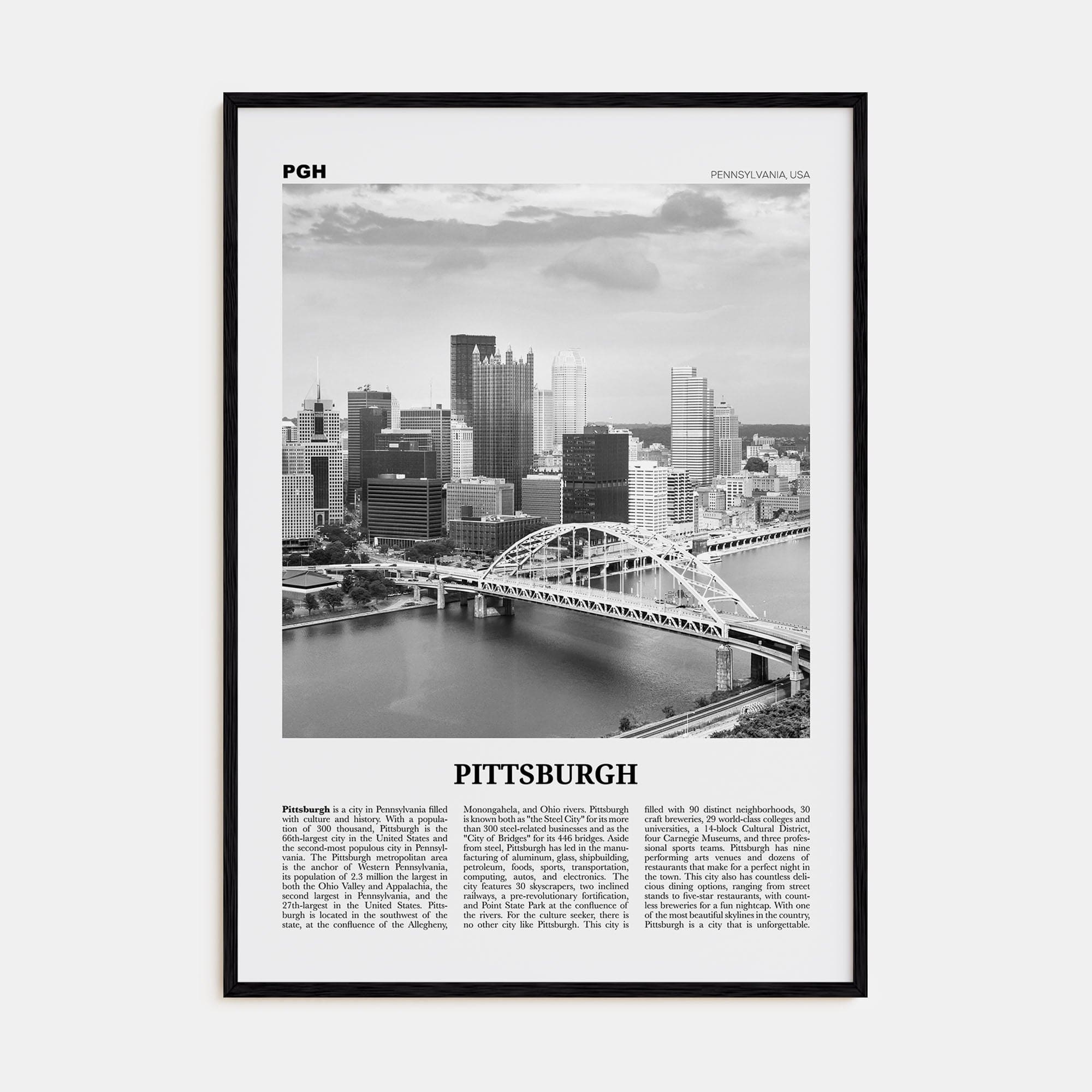 Pittsburgh No 1 Poster Black Wood / 8x12 in Nbourhood Travel B&W Poster