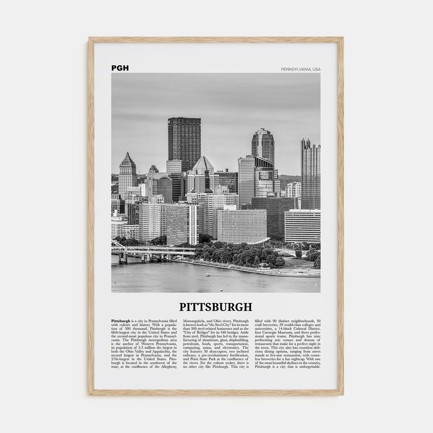 Pittsburgh No 2 Poster Natural Wood / 8x12 in Nbourhood Travel B&W Poster