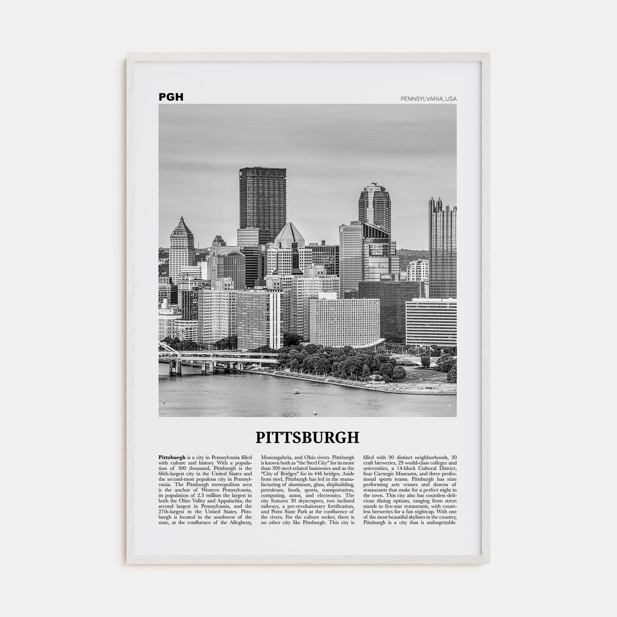 Pittsburgh No 2 Poster White Wood / 8x12 in Nbourhood Travel B&W Poster