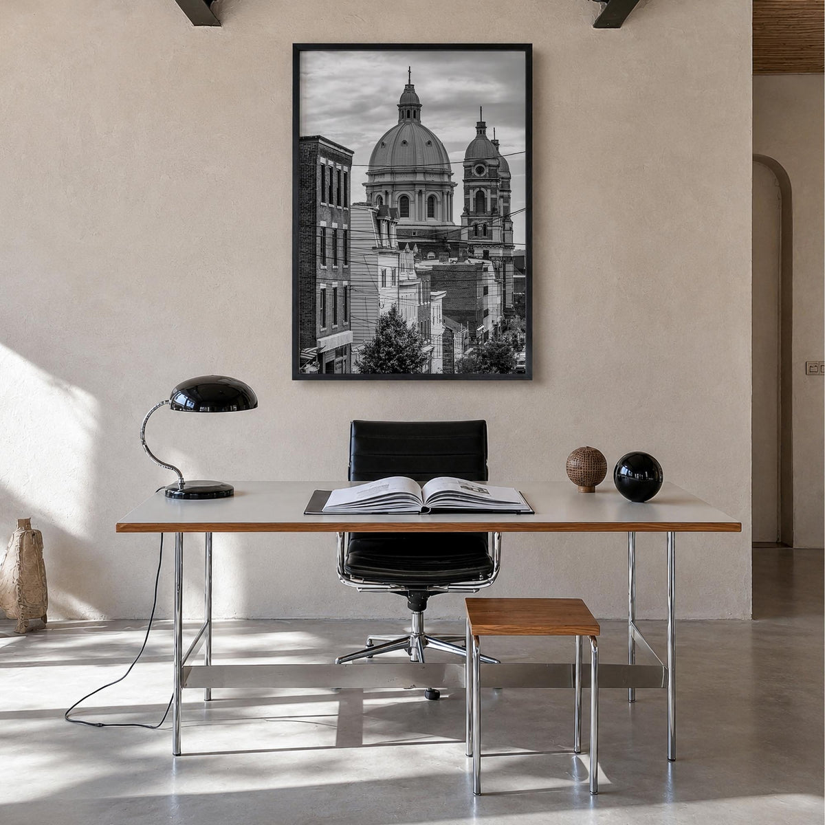 Pittsburgh no. 3 black & white photo poster of Pennsylvania, USA – vertical wall art in black wood frame, hanging on wall