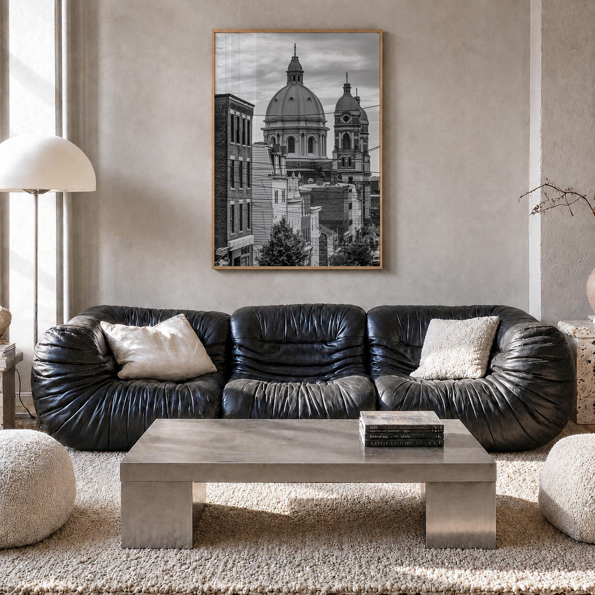 Pittsburgh no. 3 black & white photo poster of Pennsylvania, USA – vertical wall art in natural wood frame, hanging on wall