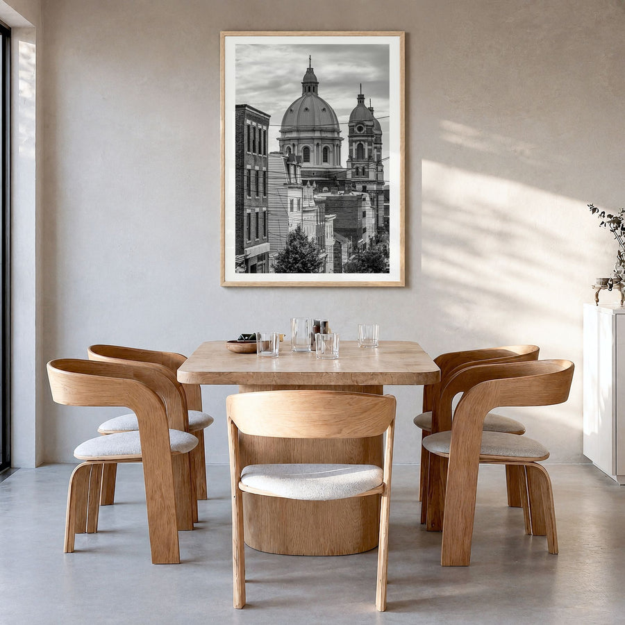 Pittsburgh Photo No 3 Poster in a natural wood frame, hanging in a dining room, white border