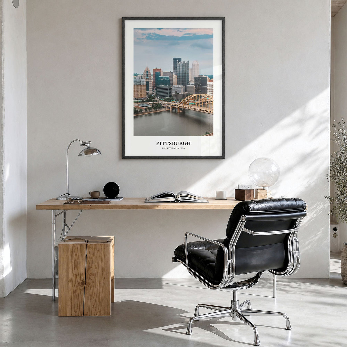 Pittsburgh Classic Poster in a black wood frame, hanging in a bright home office