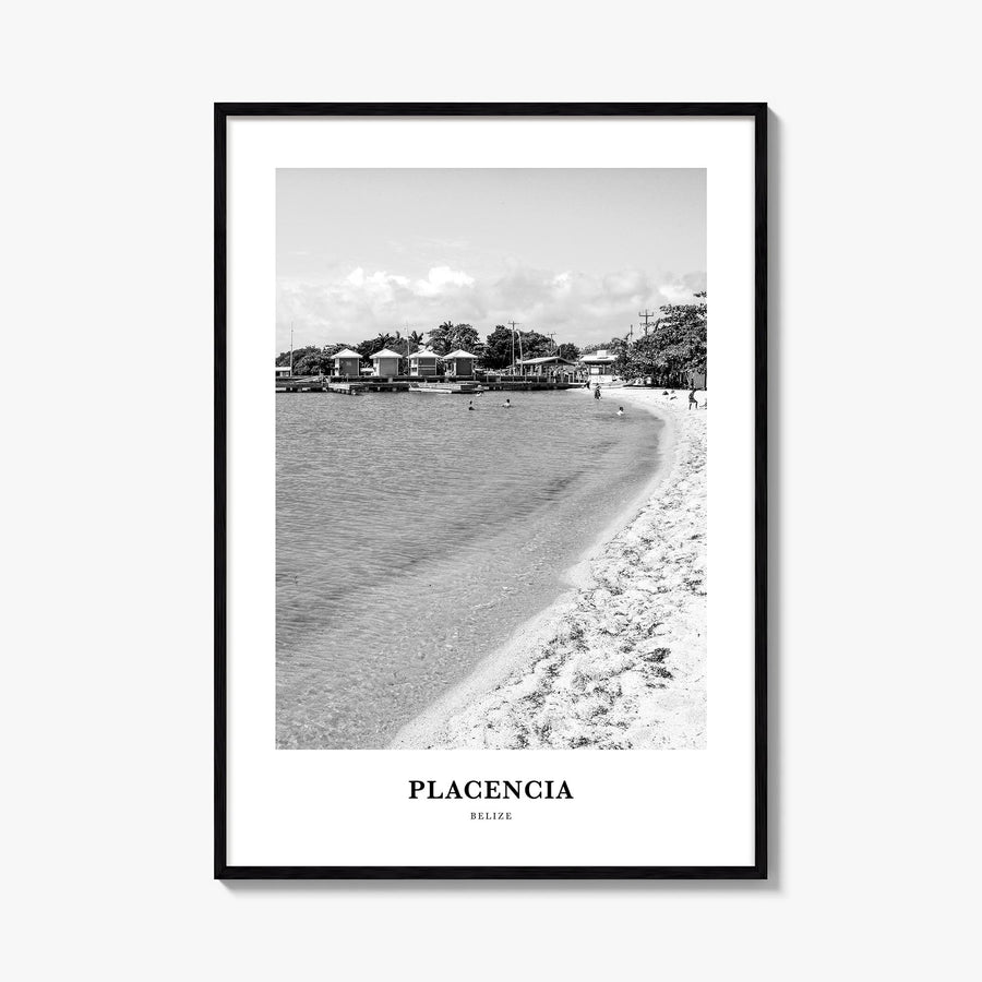 Placencia black & white classic poster of Belize – vertical wall art, unframed print shown in interior mockup