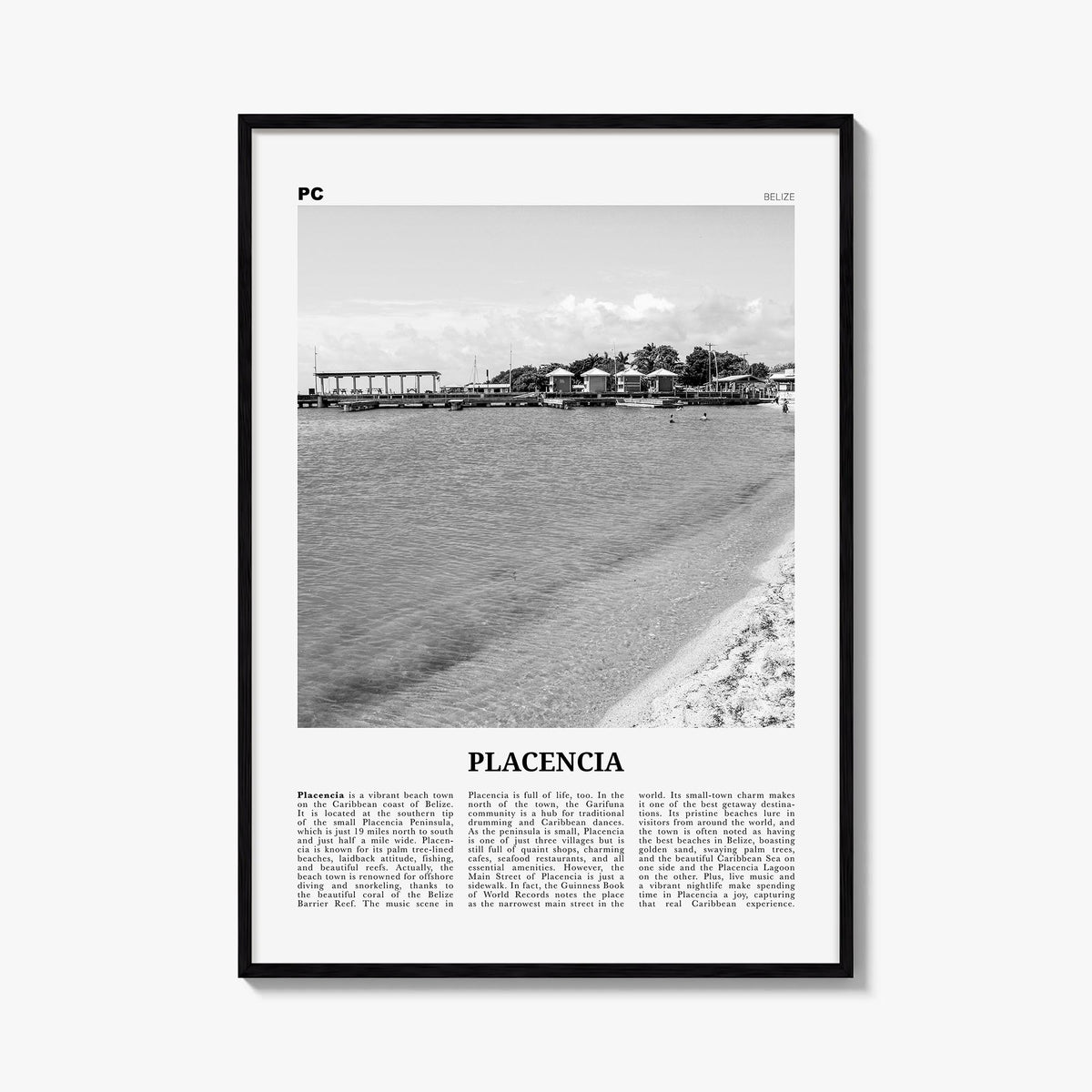 Placencia black & white newspaper poster of Belize – vertical wall art, unframed print shown in interior mockup