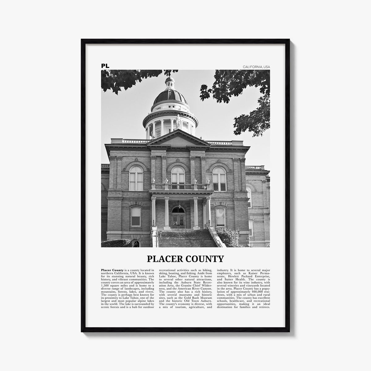 Placer County black & white newspaper poster of California, USA – vertical wall art, unframed print shown in interior mockup