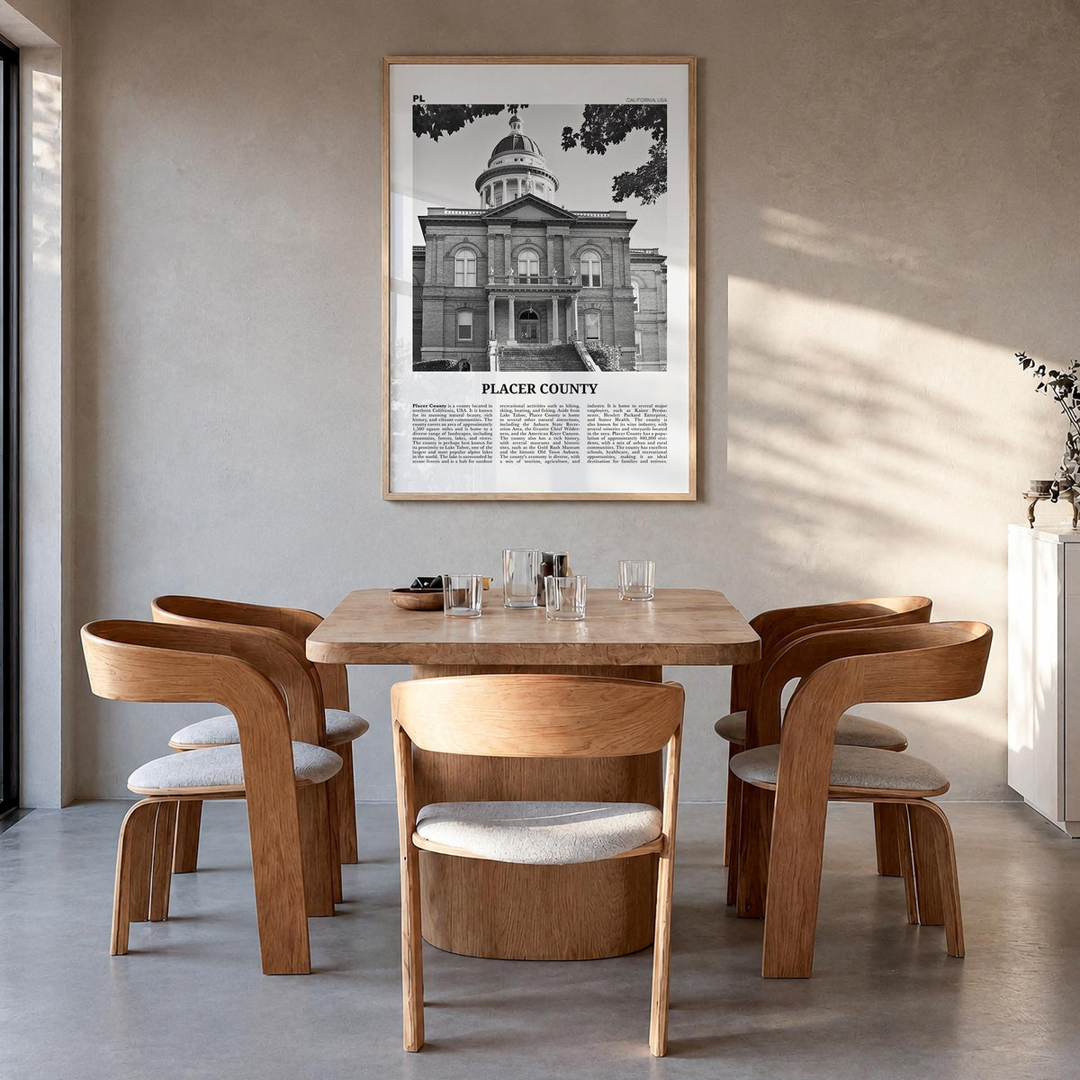 Placer County black & white newspaper poster of California, USA – vertical wall art in natural wood frame, hanging on wall