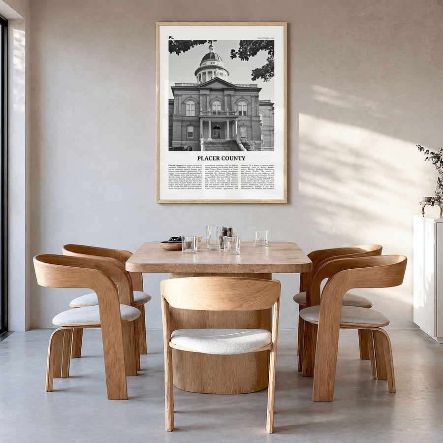 Placer County Newspaper Poster in a natural wood frame, hanging in a dining room