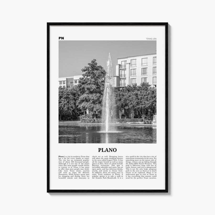 Plano black & white newspaper poster of Texas, USA – vertical wall art, unframed print shown in interior mockup