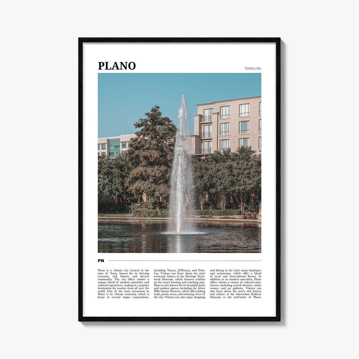 Plano colorful travel poster of Texas, USA – vertical wall art, unframed print shown in interior mockup