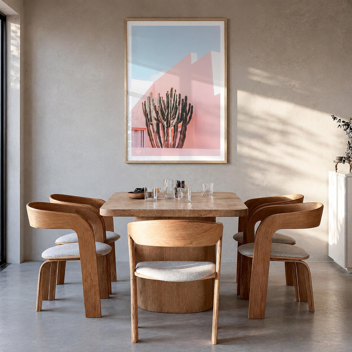Plants on Pink colorful photo poster – vertical wall art in natural wood frame with white border, hanging on wall