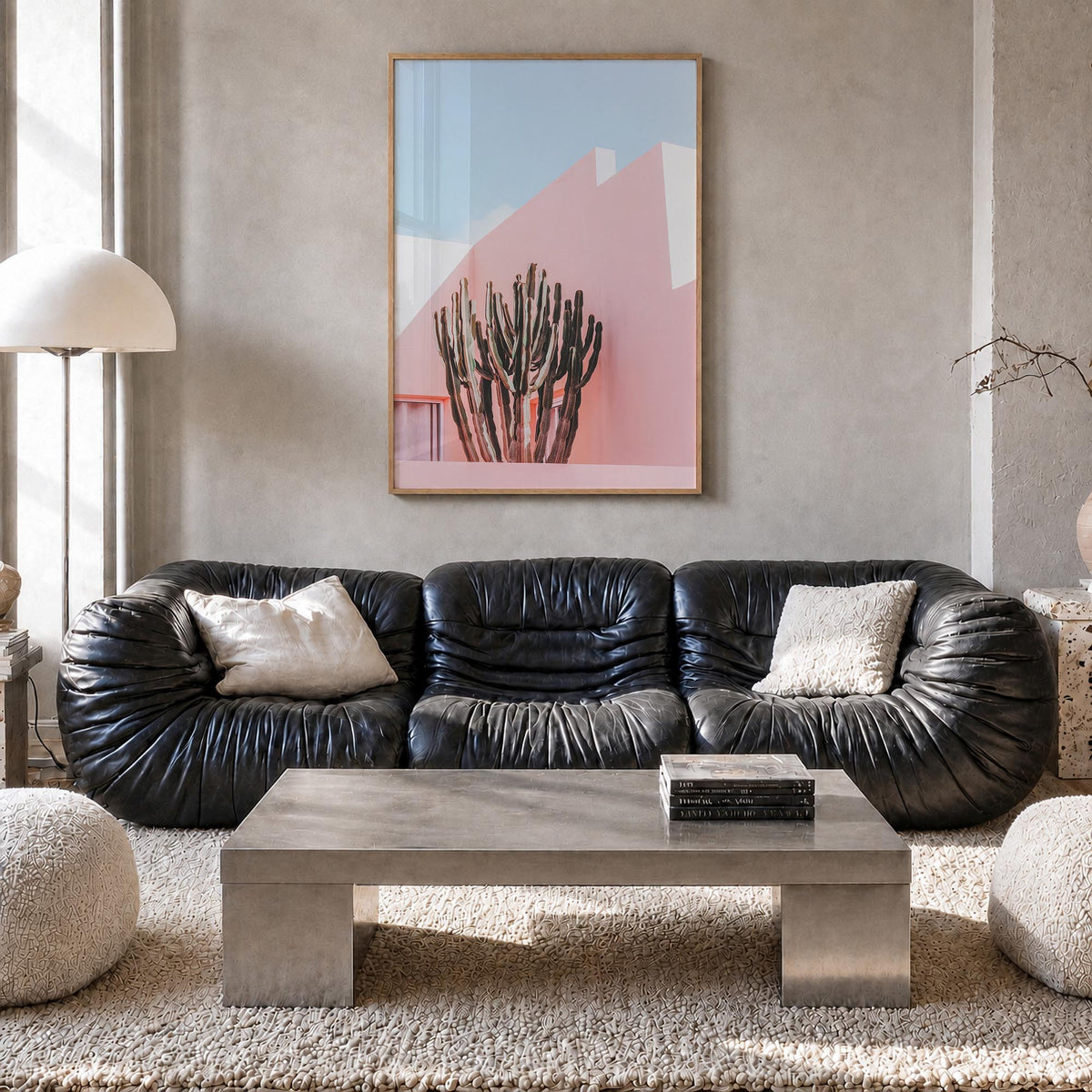 Plants on Pink colorful photo poster – vertical wall art in natural wood frame, hanging on wall