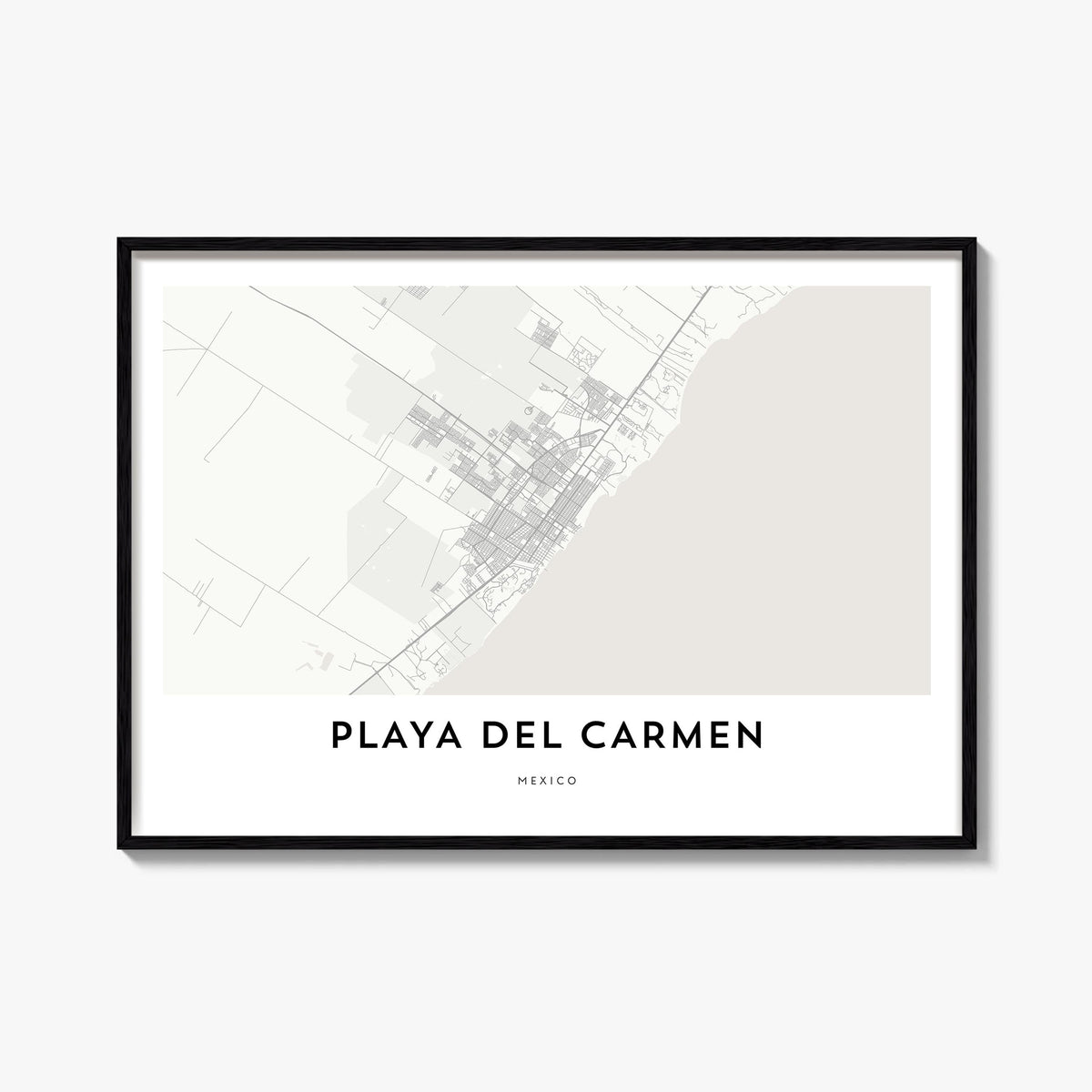 Playa del Carmen black & white map poster of Mexico – horizontal wall art, unframed print shown in interior mockup
