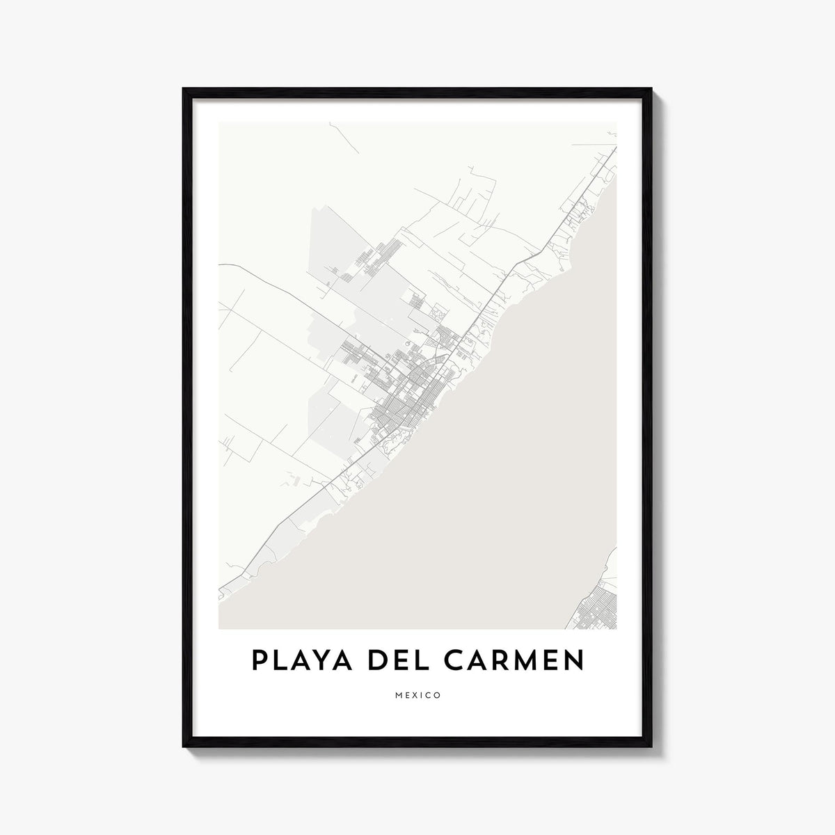 Playa del Carmen black & white map poster of Mexico – vertical wall art, unframed print shown in interior mockup