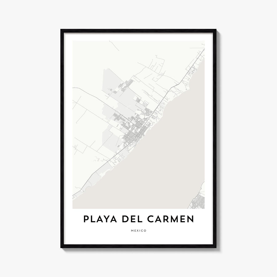Playa del Carmen black & white map poster of Mexico – vertical wall art, unframed print shown in interior mockup