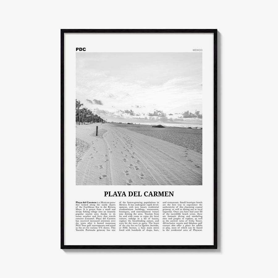 Playa del Carmen black & white newspaper poster of Mexico – vertical wall art, unframed print shown in interior mockup