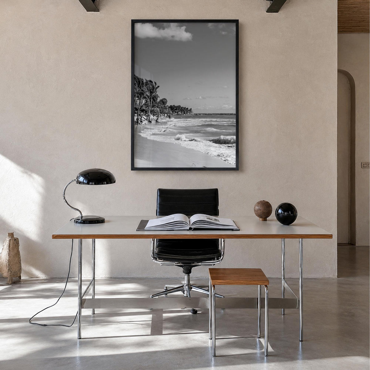 Playa del Carmen black & white photo poster of Mexico – vertical wall art in black wood frame, hanging on wall