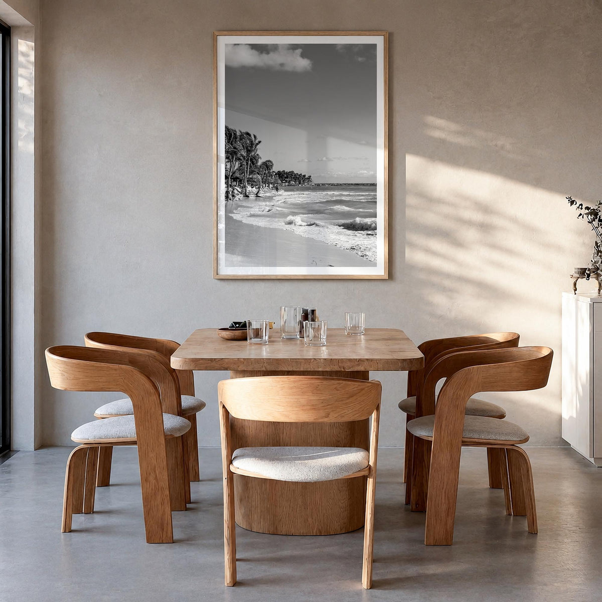 Playa del Carmen black & white photo poster of Mexico – vertical wall art in natural wood frame with white border, hanging on