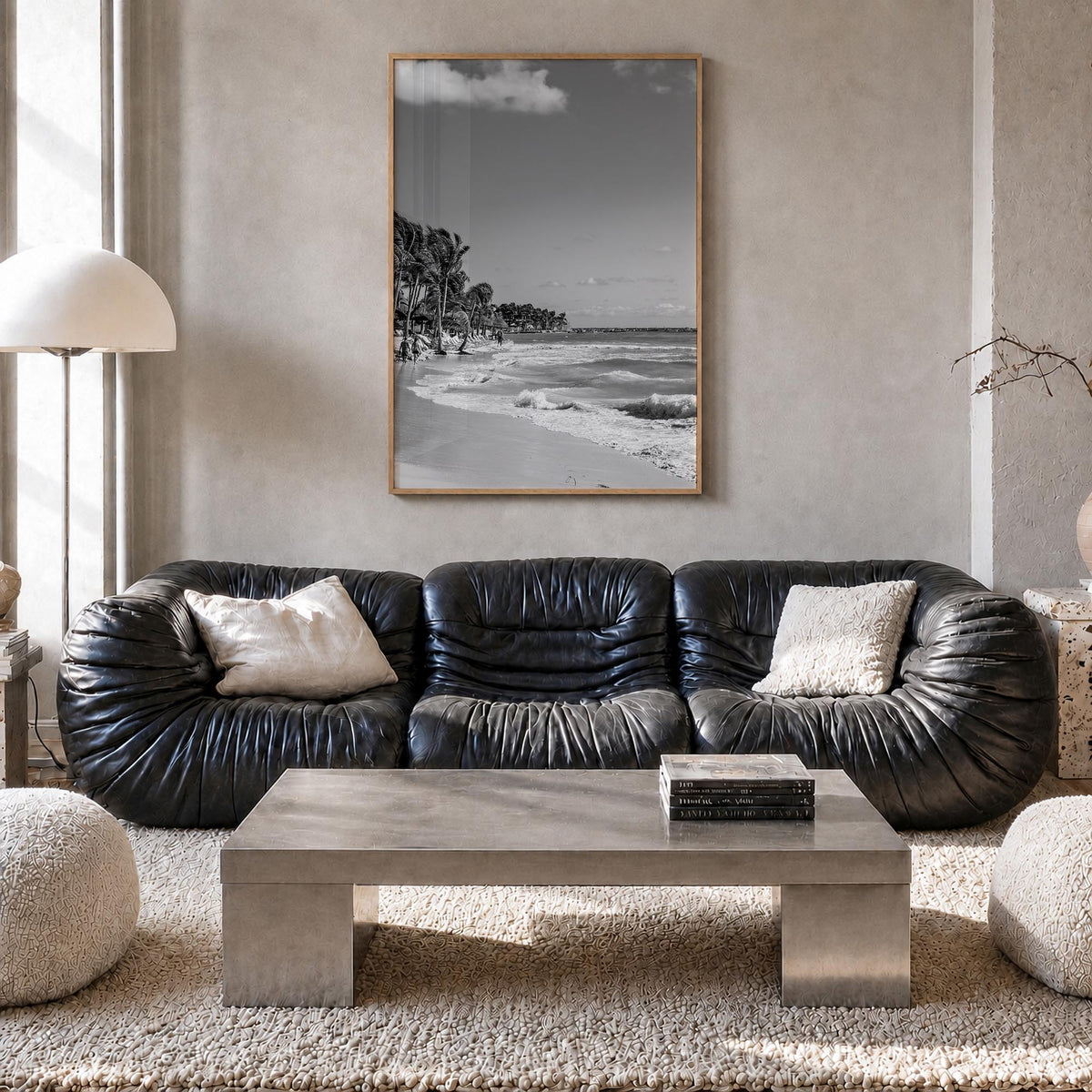 Playa del Carmen black & white photo poster of Mexico – vertical wall art in natural wood frame, hanging on wall