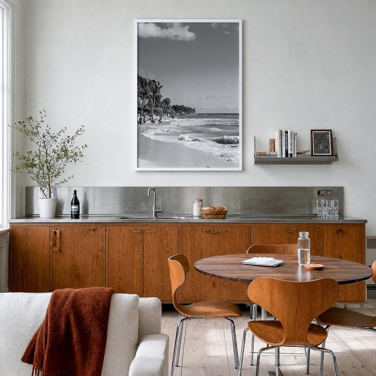 Playa del Carmen black & white photo poster of Mexico – vertical wall art in white wood frame, hanging on wall