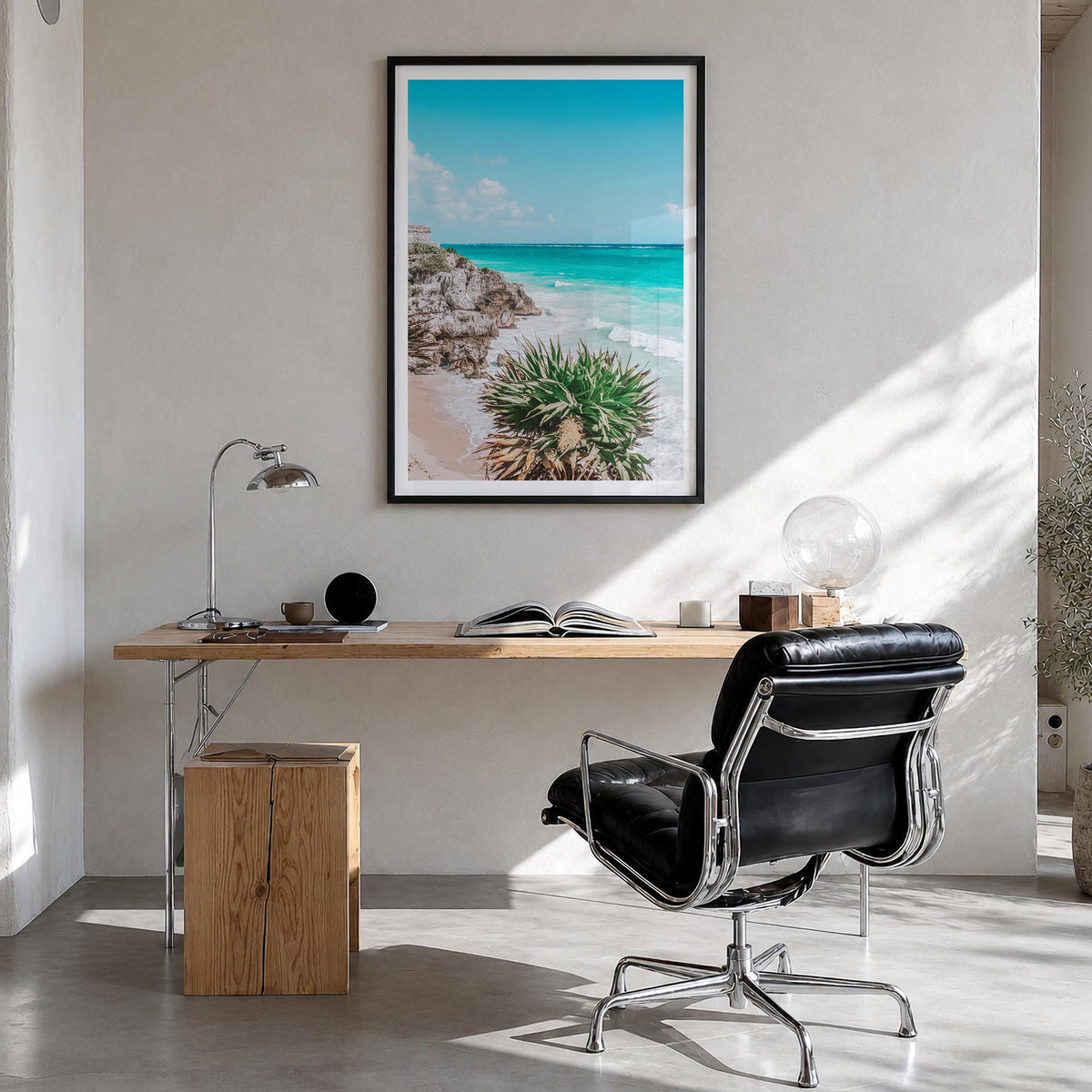 Playa del Carmen colorful photo poster of Mexico – vertical wall art in black wood frame with white border, hanging on wall