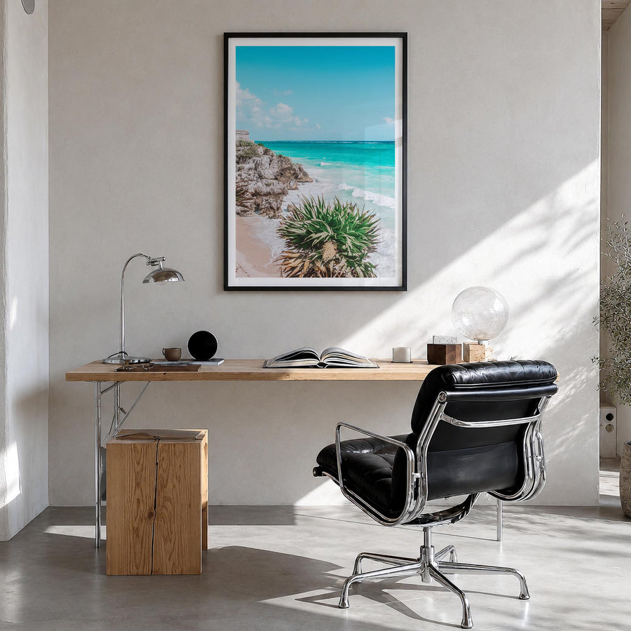 Playa del Carmen colorful photo poster of Mexico – vertical wall art in black wood frame with white border, hanging on wall