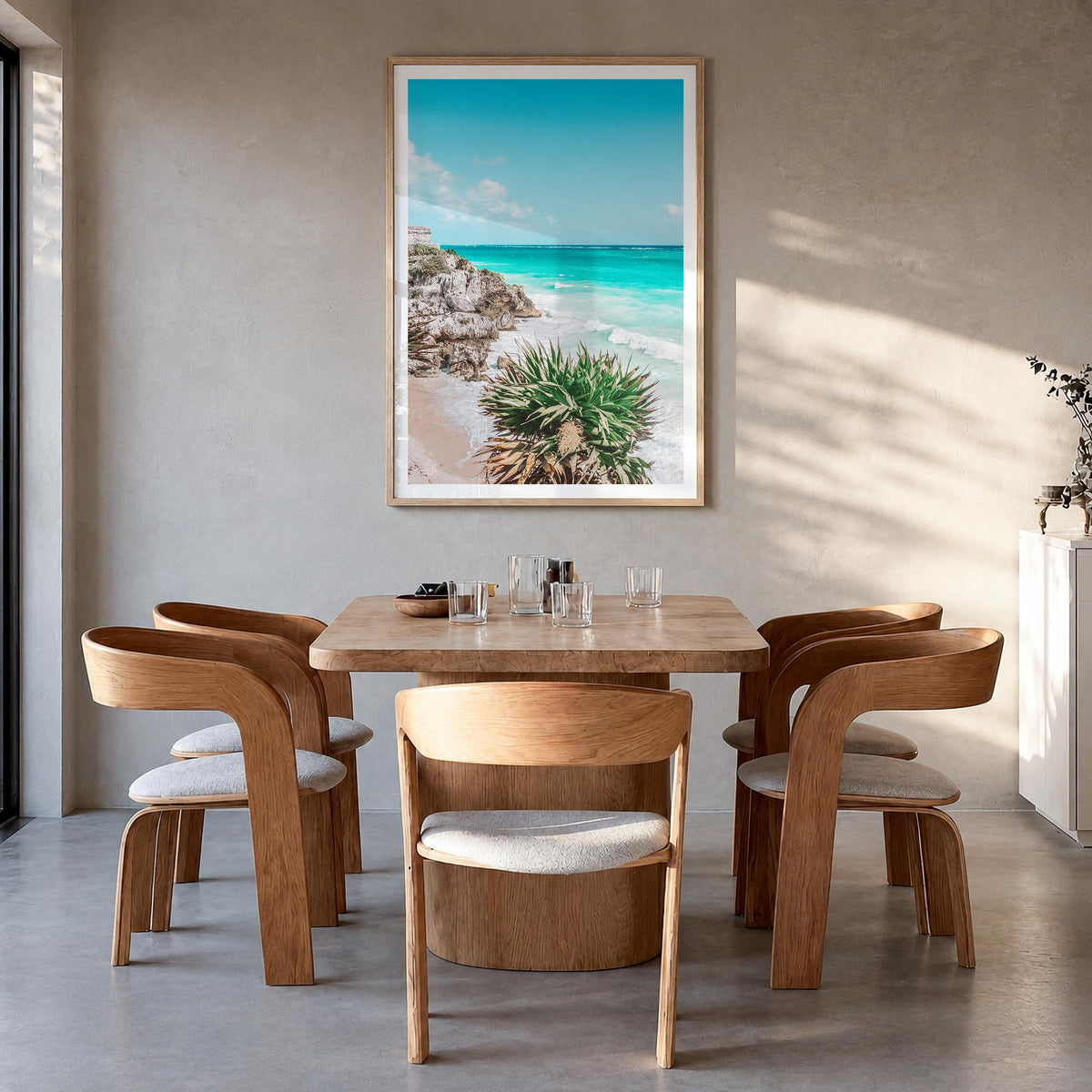 Playa del Carmen colorful photo poster of Mexico – vertical wall art in natural wood frame with white border, hanging on wall