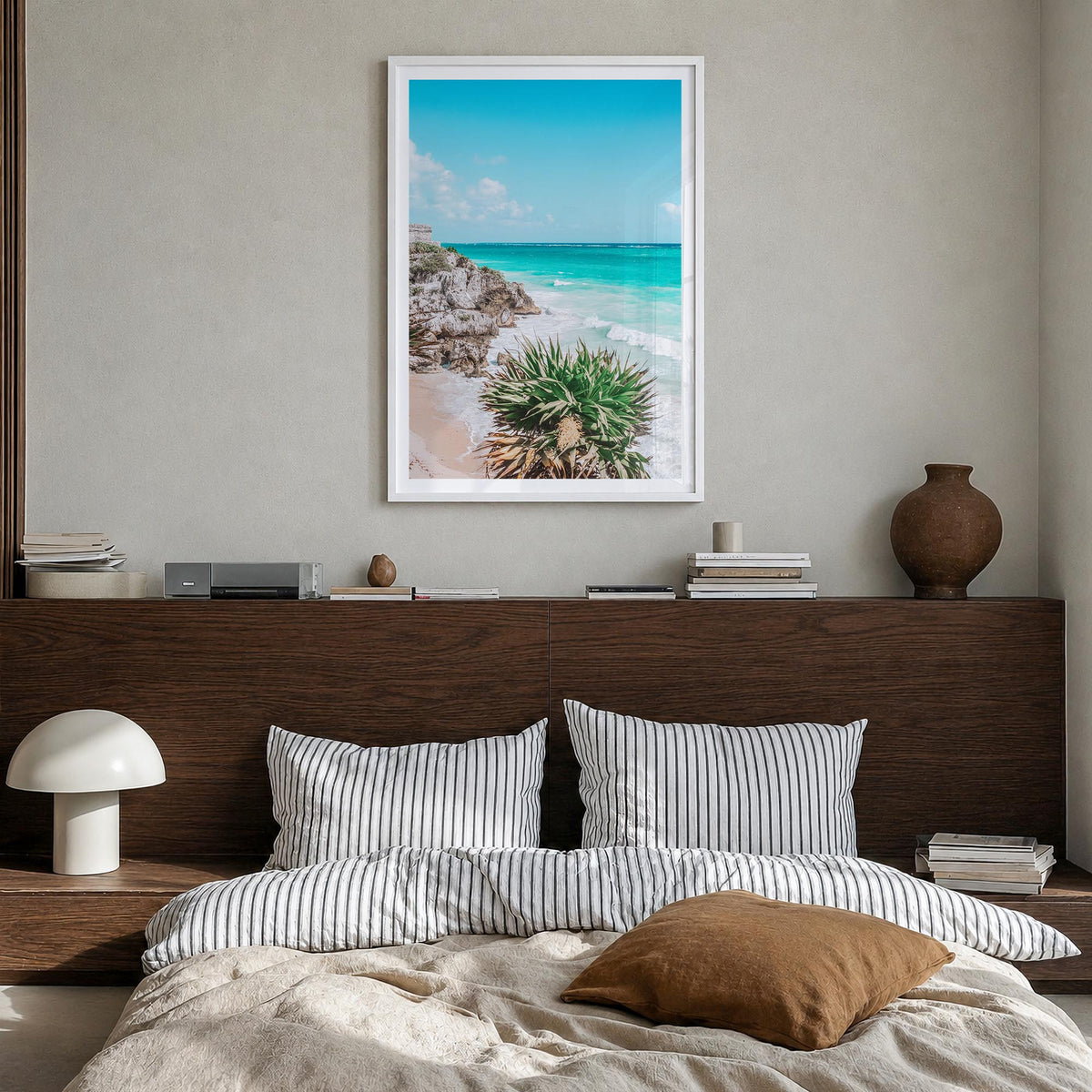Playa del Carmen colorful photo poster of Mexico – vertical wall art in white wood frame with white border, hanging on wall