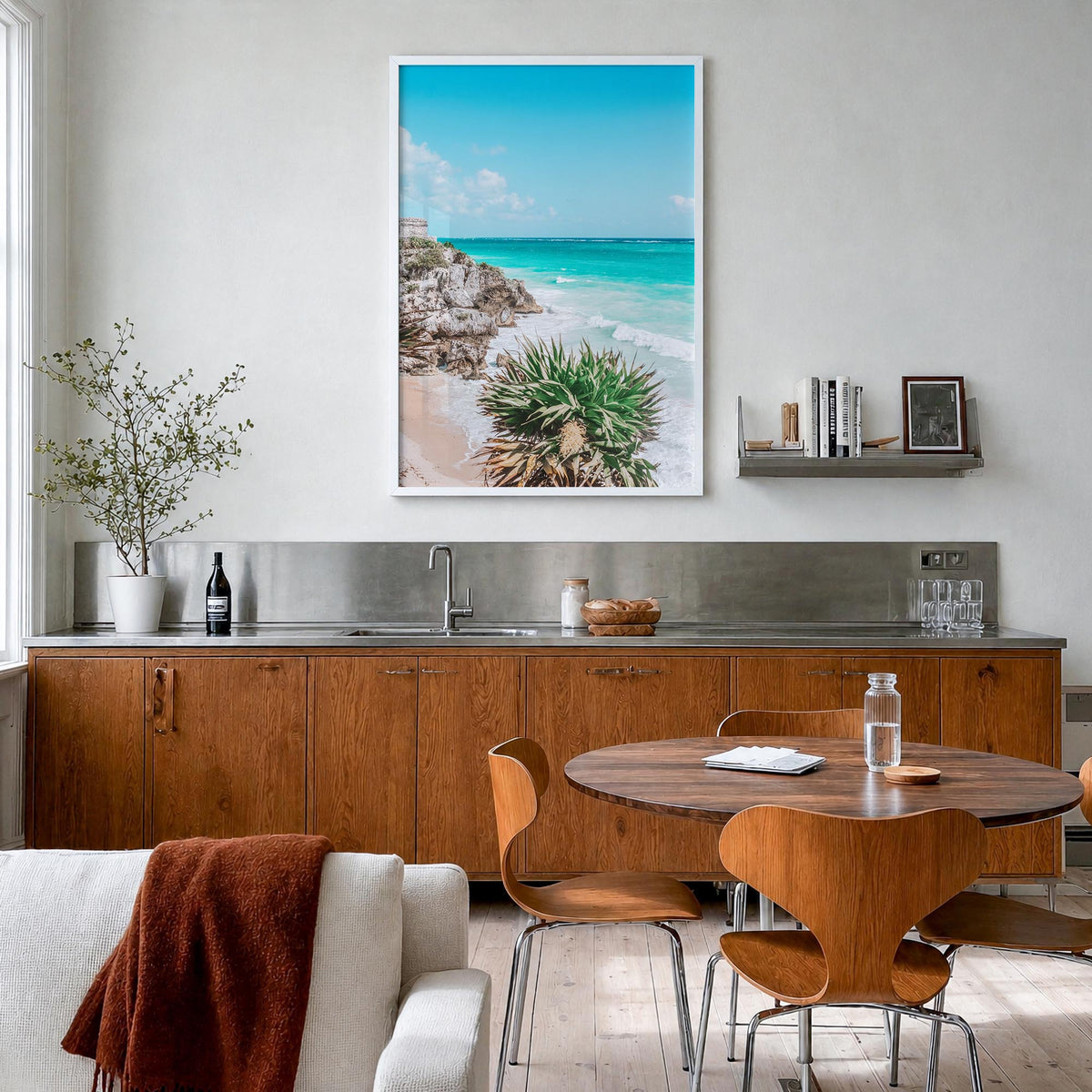 Playa del Carmen colorful photo poster of Mexico – vertical wall art in white wood frame, hanging on wall