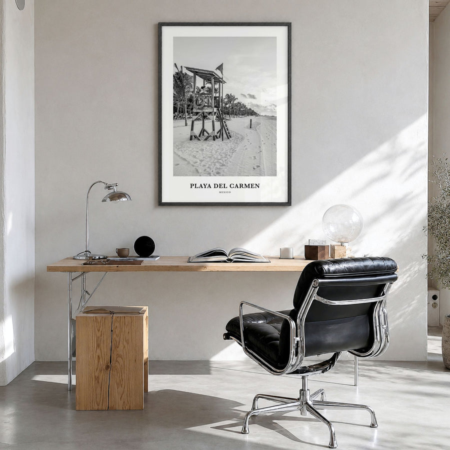 Playa del Carmen Classic Poster in a black wood frame, hanging in a bright home office