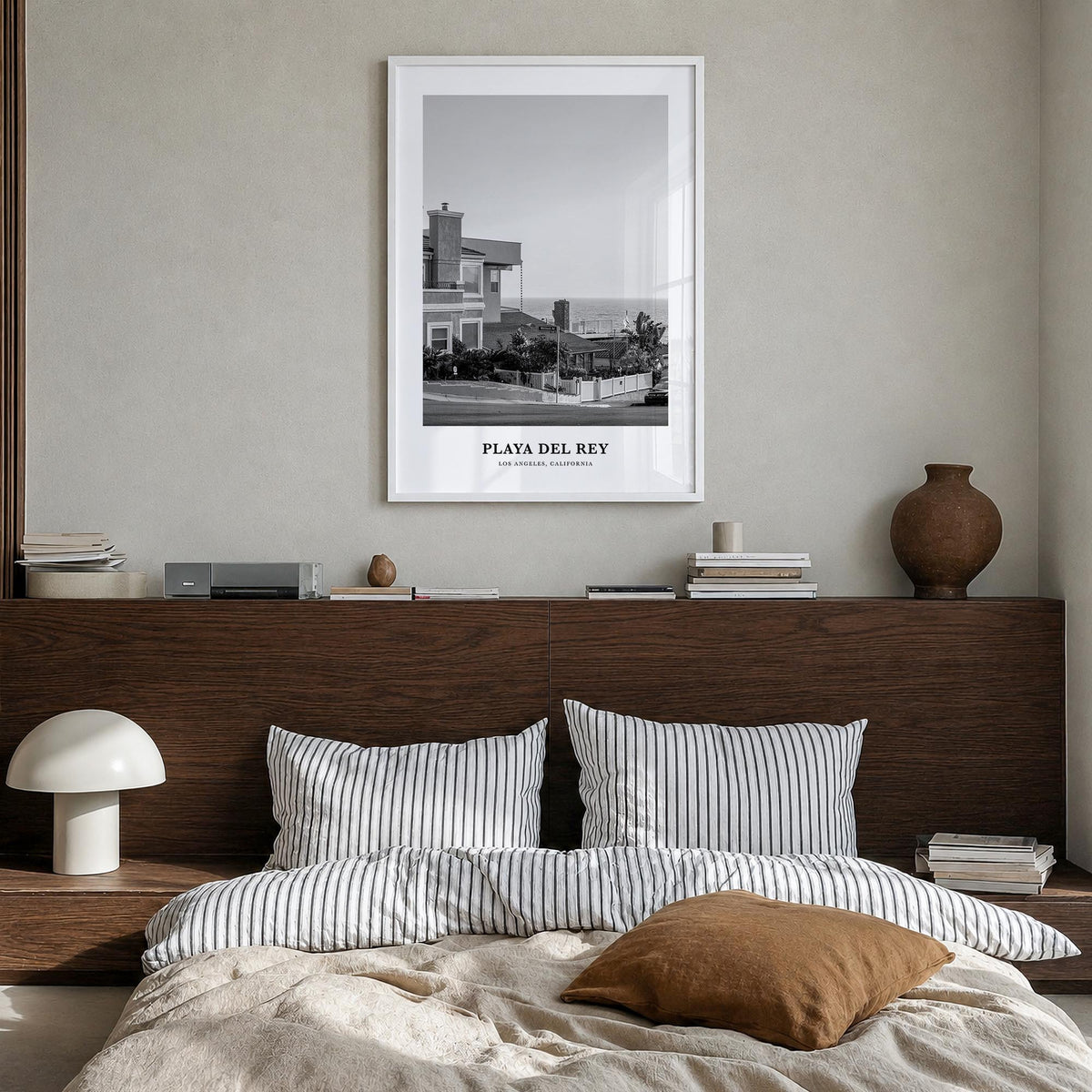 Playa del Rey black & white classic poster of California, USA – vertical wall art in white wood frame, hanging on wall