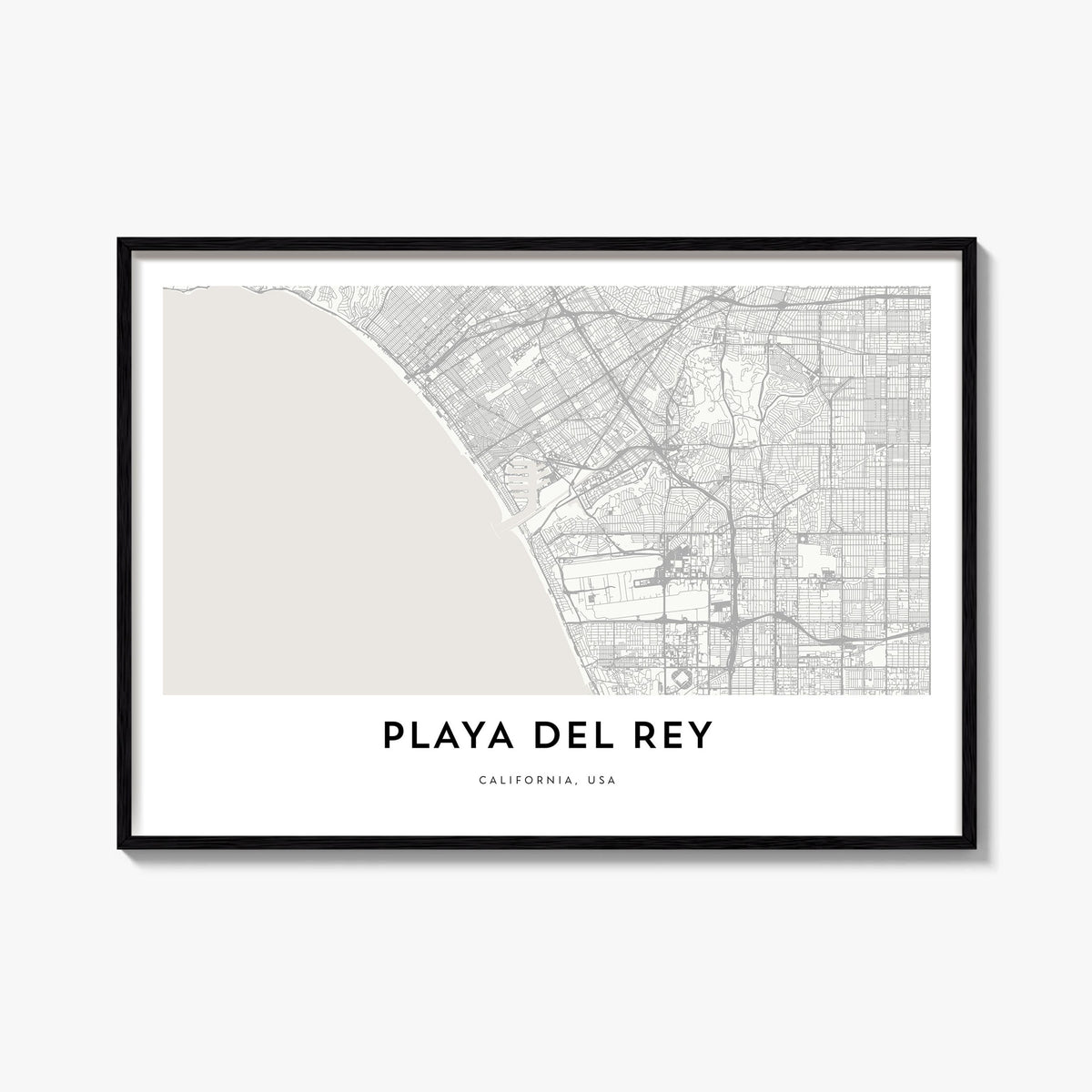 Playa del Rey black & white map poster of California, USA – horizontal wall art, unframed print shown in interior mockup