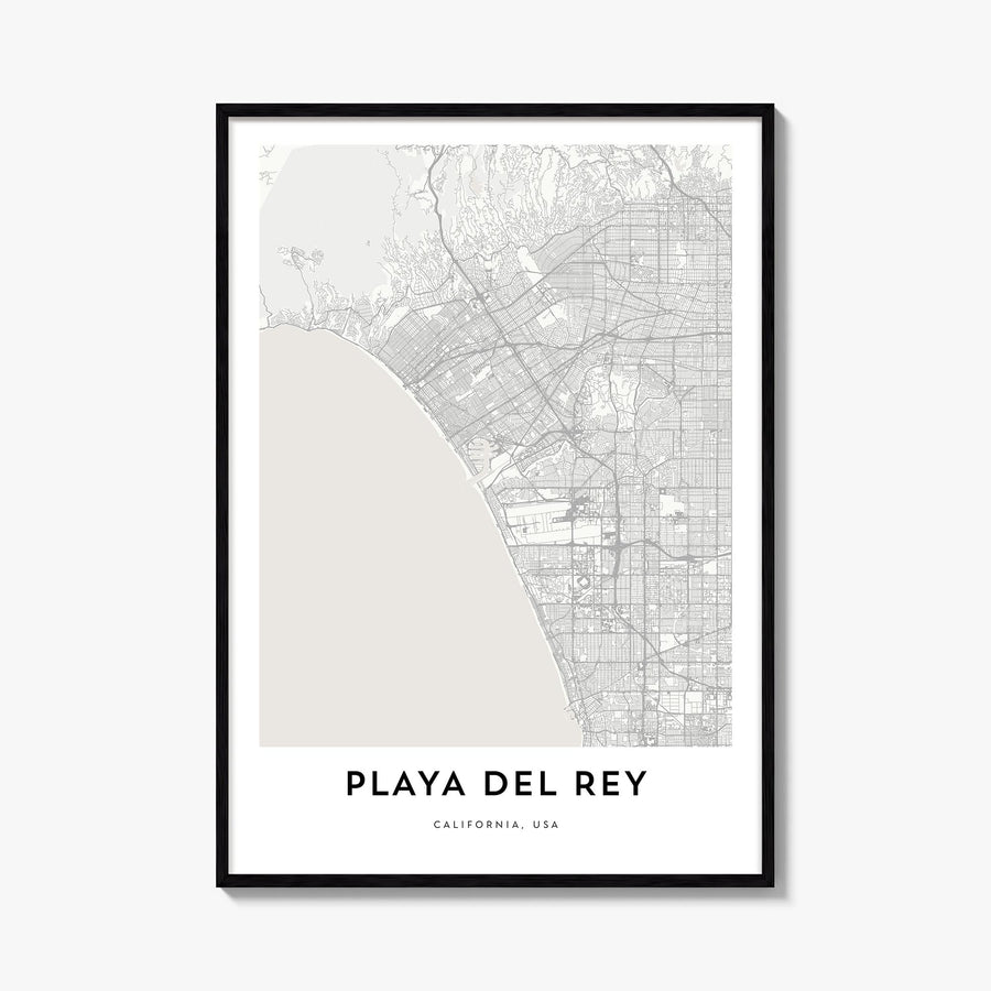 Playa del Rey black & white map poster of California, USA – vertical wall art, unframed print shown in interior mockup
