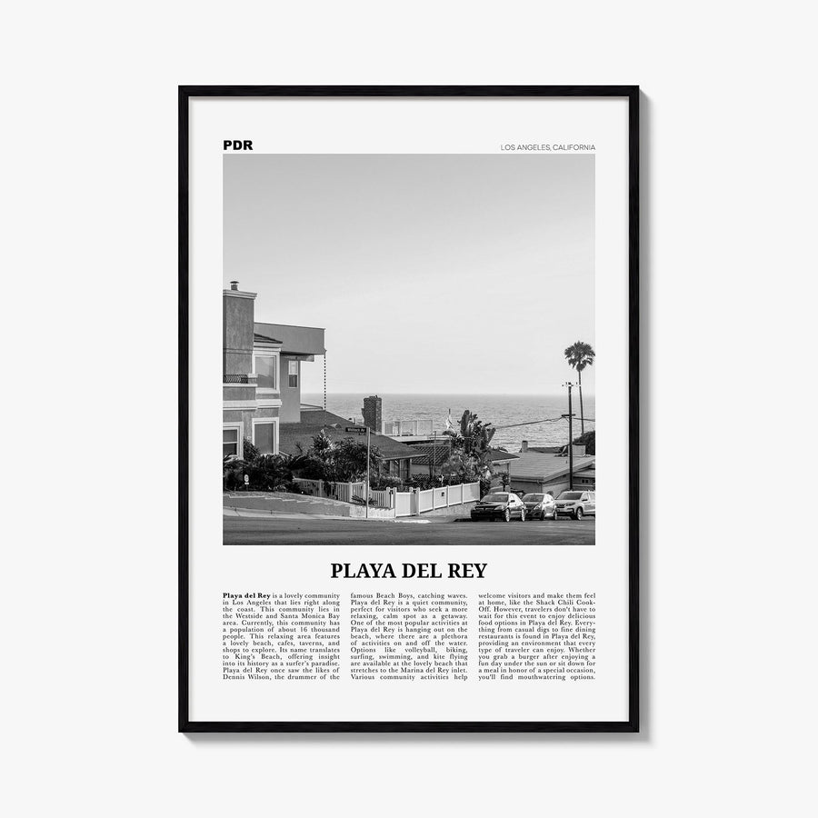 Playa del Rey black & white newspaper poster of California, USA – vertical wall art, unframed print shown in interior mockup