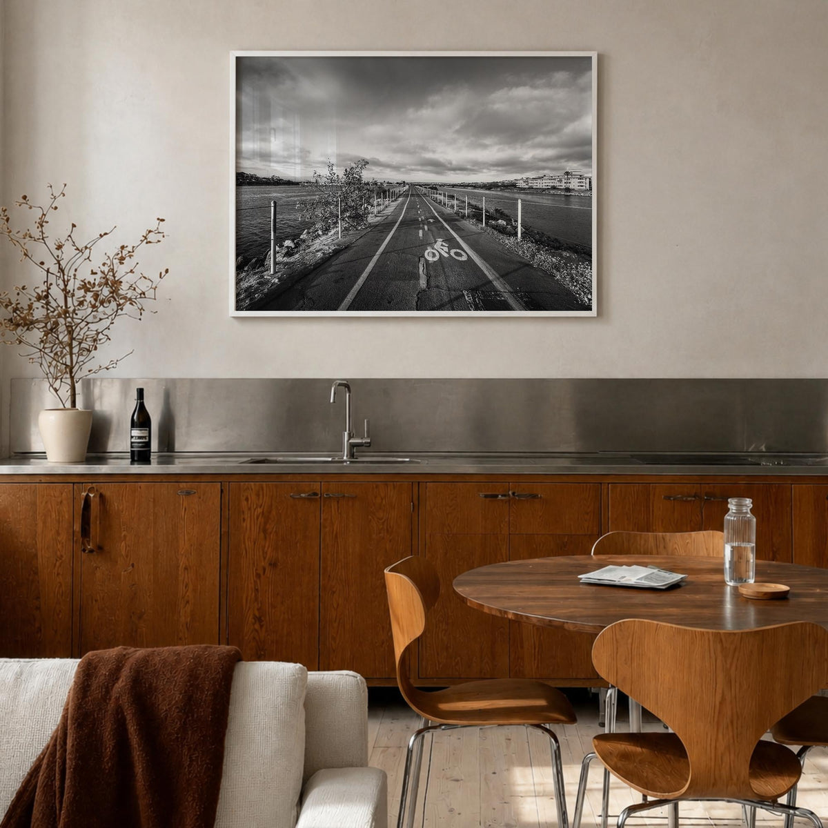 Playa del Rey black & white photo poster of California, USA – horizontal wall art in white wood frame, hanging on wall