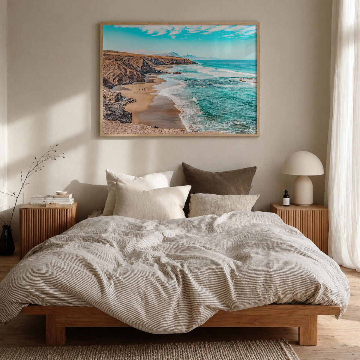 Playa del Rey colorful photo poster of California, USA – horizontal wall art in natural wood frame, hanging on wall