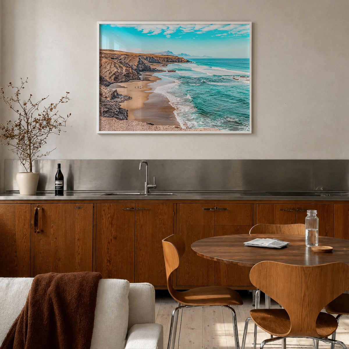 Playa del Rey colorful photo poster of California, USA – horizontal wall art in white wood frame, hanging on wall