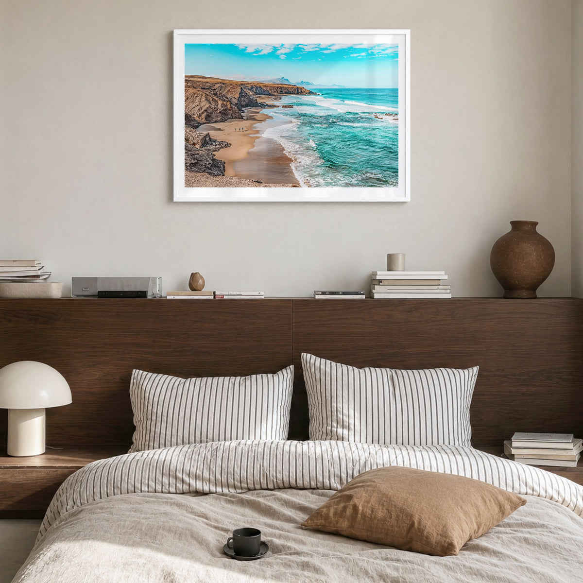 Playa del Rey Photo Poster in a white wood frame, hanging in a bedroom, white border