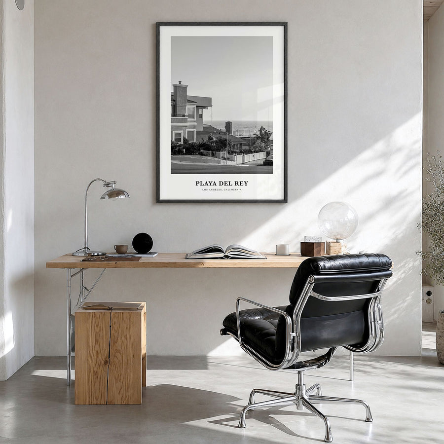 Playa del Rey Classic Poster in a black wood frame, hanging in a bright home office