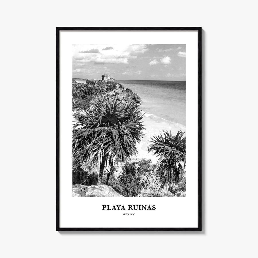 Playa Ruinas black & white classic poster of Mexico – vertical wall art, unframed print shown in interior mockup