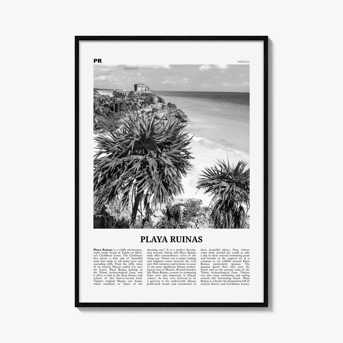 Playa Ruinas black & white newspaper poster of Mexico – vertical wall art, unframed print shown in interior mockup