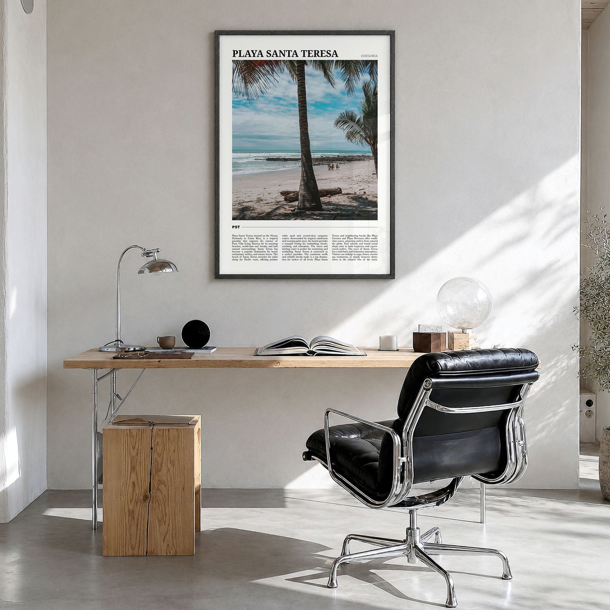 Playa Santa Teresa Travel Poster in a black wood frame, hanging in a bright home office