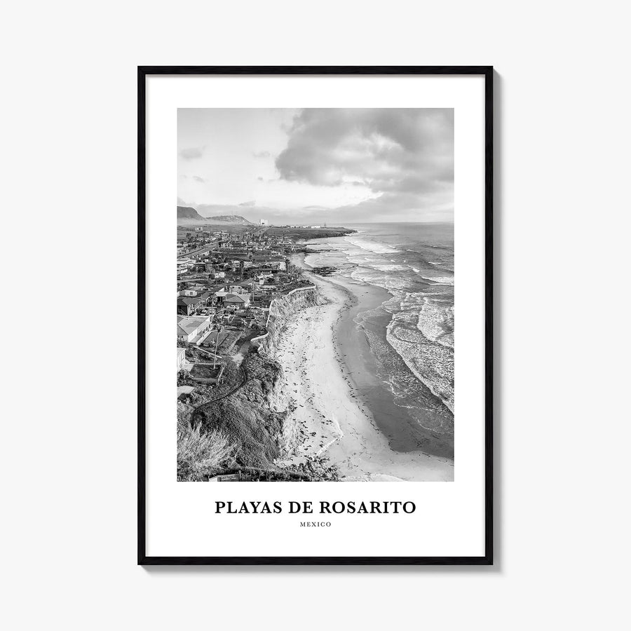Playas de Rosarito black & white classic poster of Mexico – vertical wall art, unframed print shown in interior mockup