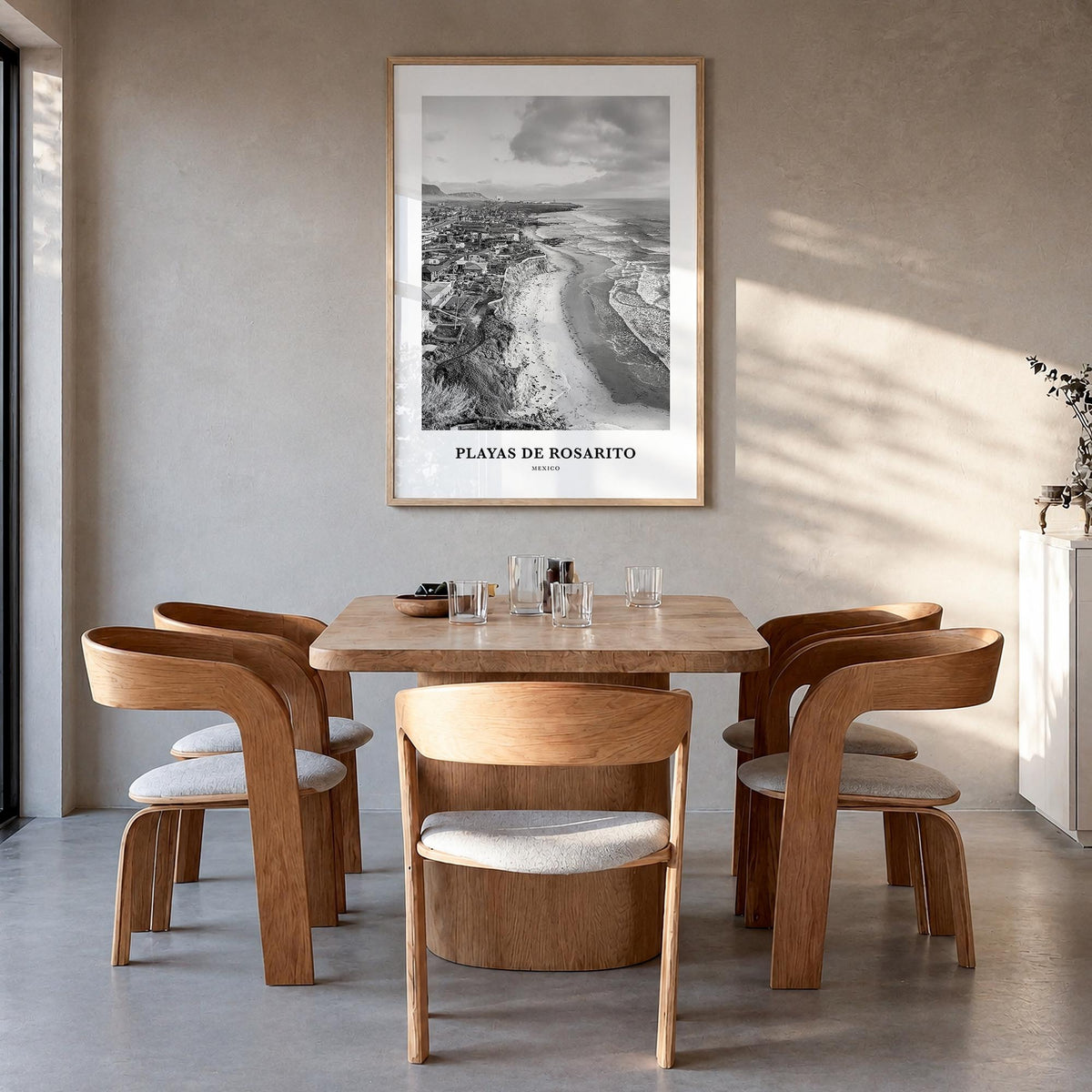 Playas de Rosarito black & white classic poster of Mexico – vertical wall art in natural wood frame, hanging on wall