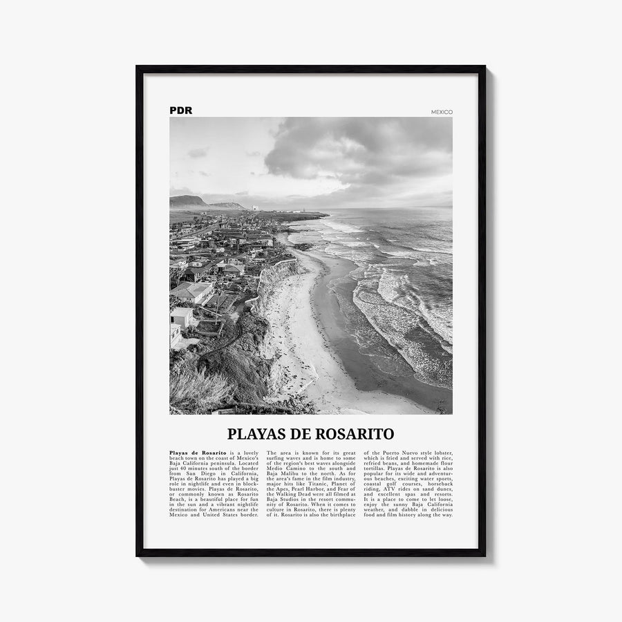Playas de Rosarito black & white newspaper poster of Mexico – vertical wall art, unframed print shown in interior mockup