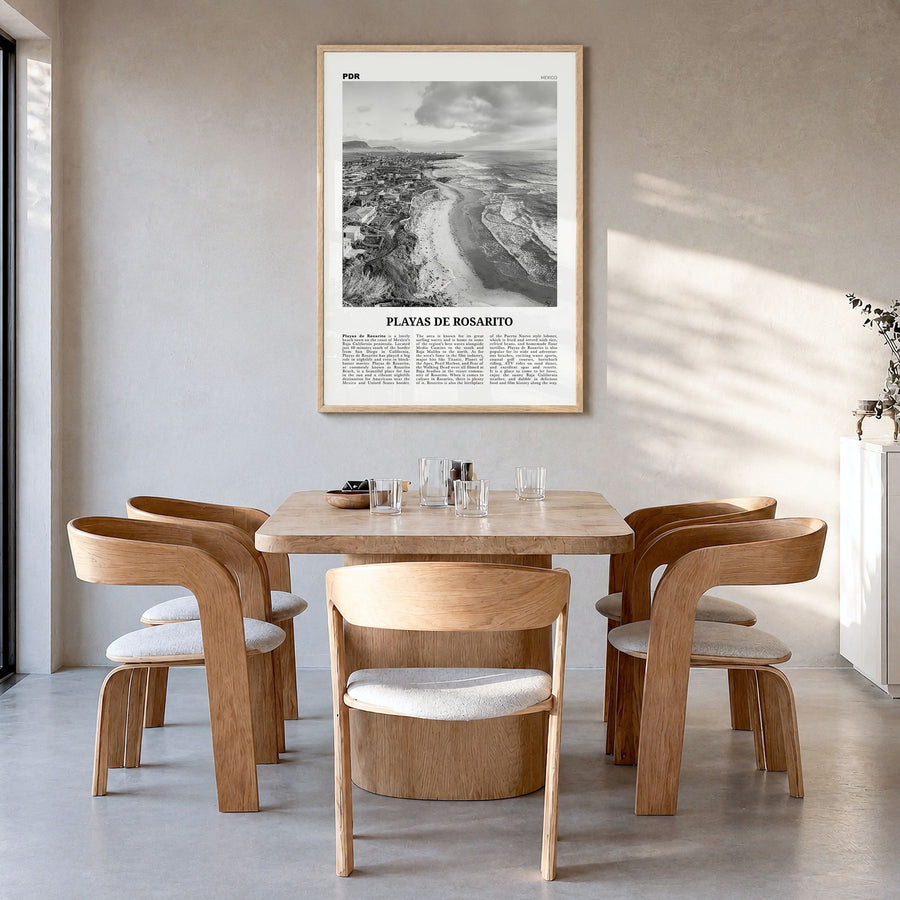 Playas de Rosarito Newspaper Poster in a natural wood frame, hanging in a dining room